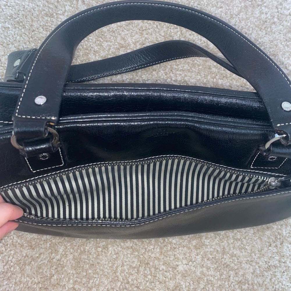 VTG Kate Spade Black Leather Wide Shoulder Silver Hardware Striped Interior Bag - Picture 5 of 13